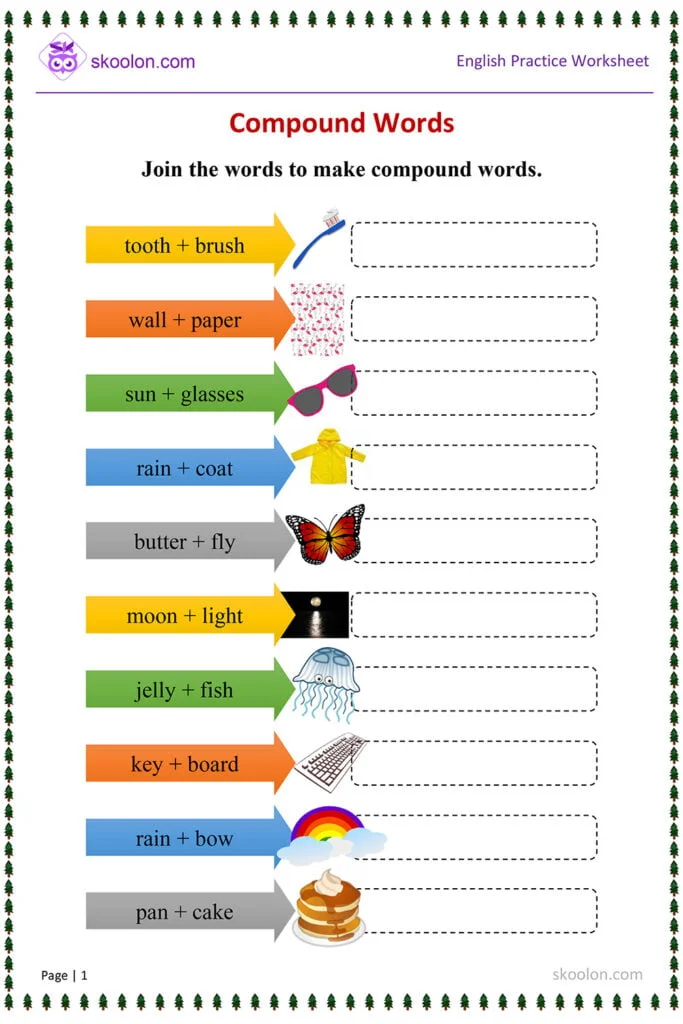 Second grade student worksheet showing how to combine two individual words to form a new compound word