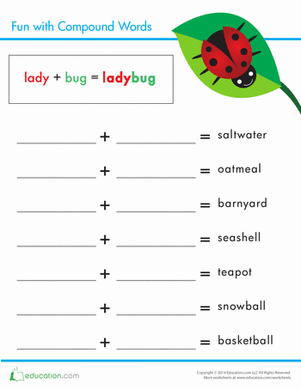 First grade worksheet featuring illustrated exercises for combining two separate words to form new compound words