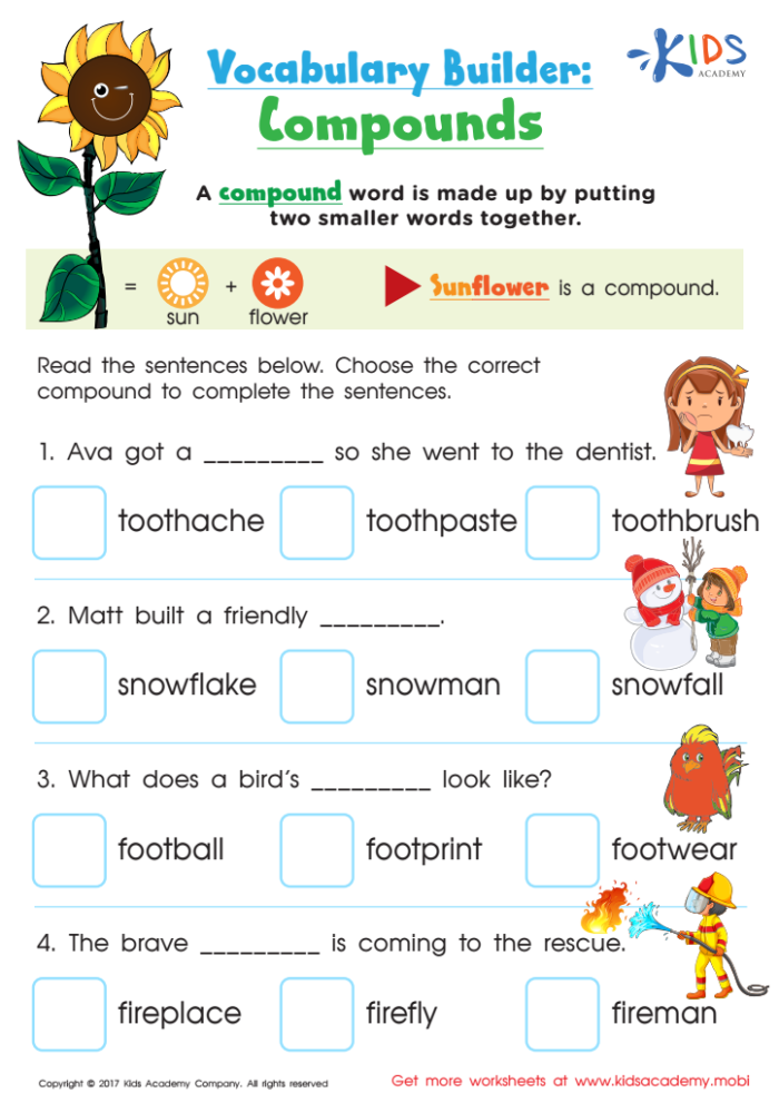 Second grade worksheet featuring picture clues to help students identify and combine two words into a single compound word