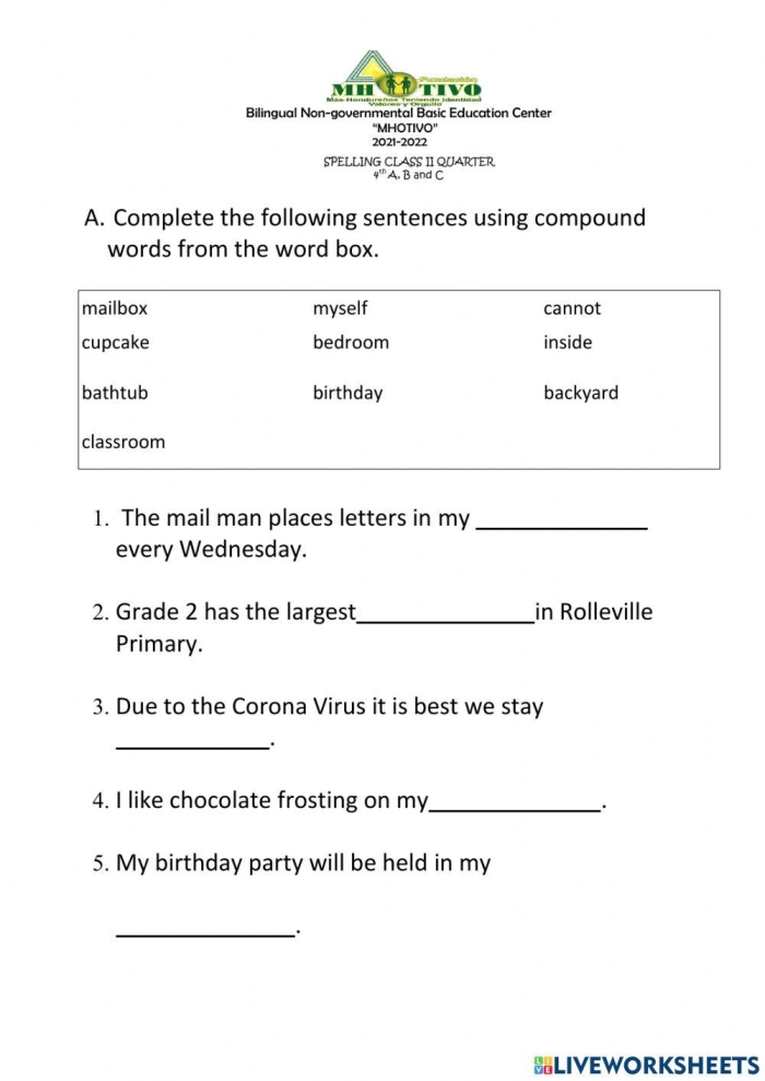 Second grade student worksheet about joining words to form compound words with picture examples