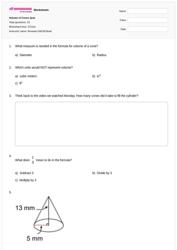 Eighth grade student solving volume of cone problems on a geometry practice worksheet with formulas and diagrams