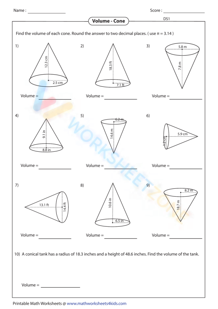 Eighth grade student solving volume of cone problems on a geometry practice worksheet with formulas and diagrams