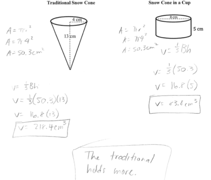 Eighth grade geometry worksheet featuring practice problems for calculating the volume of cones