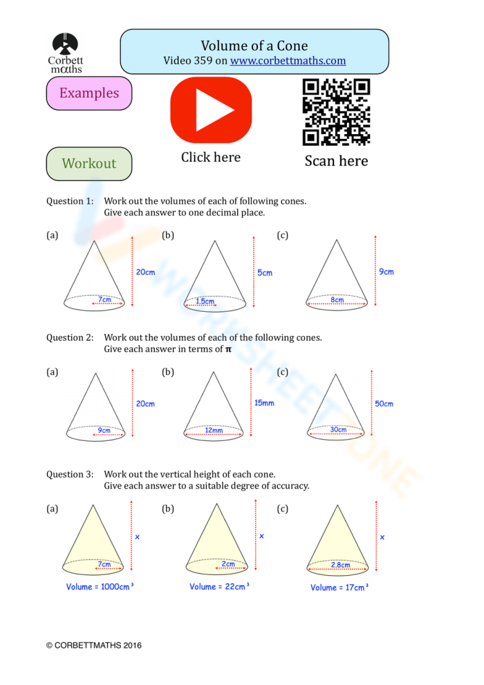 Eighth grade geometry worksheet showing cone volume problems with formulas and practice exercises