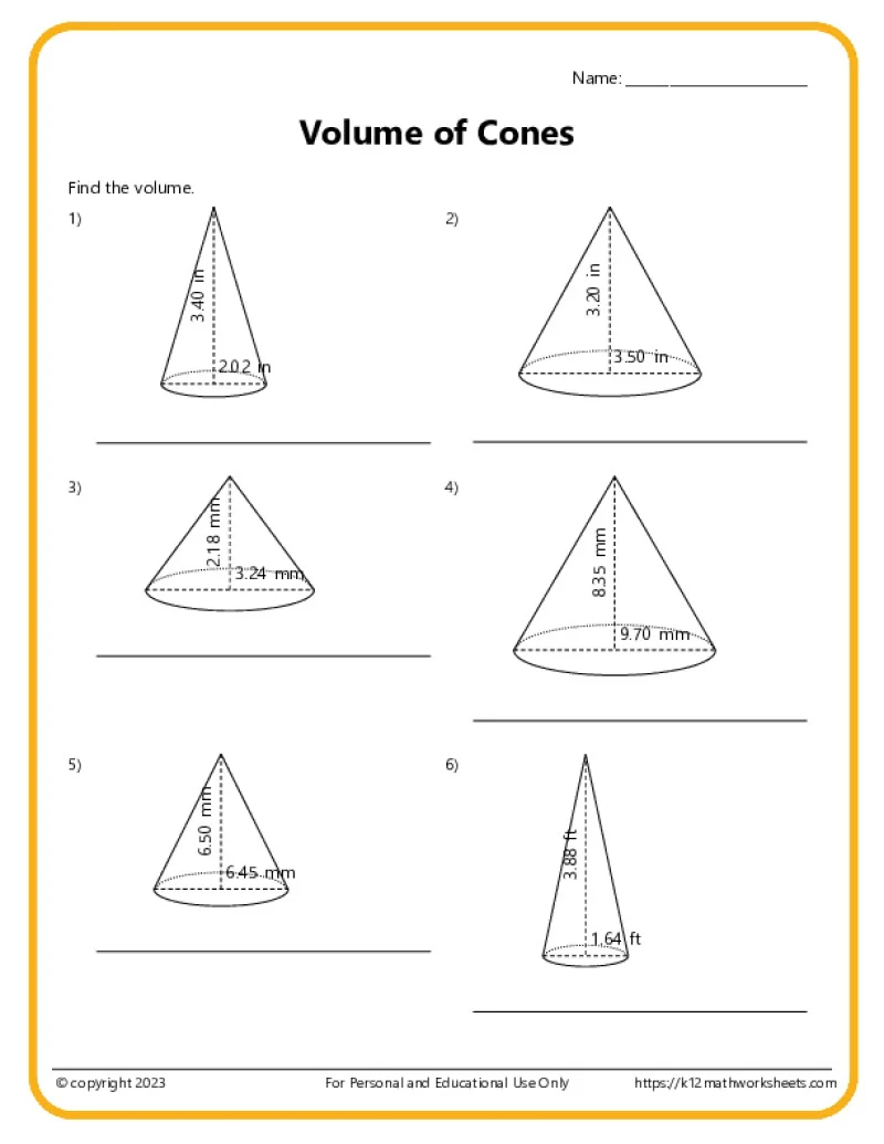 Eighth grade geometry worksheet featuring practice problems for calculating the volume of cones