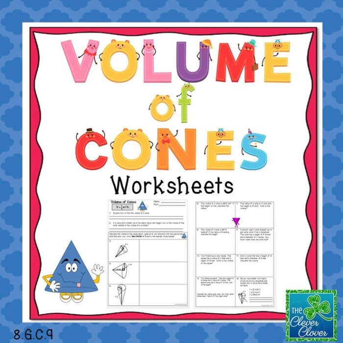 Eighth grade geometry worksheet featuring practice problems for calculating the volume of cones