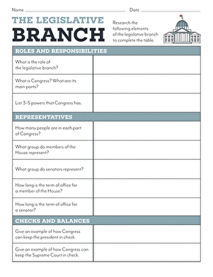 The Legislative Branch Two Chambers of Congress Worksheet for Sixth Grade Students Sixth grade civics worksheet featuring facts about the House of Representatives and the Senate