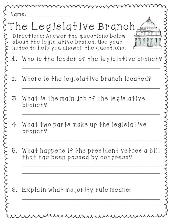 The Legislative Branch Two Chambers of Congress worksheet for sixth graders Sixth grade social studies worksheet covering the structure of the two houses of Congress