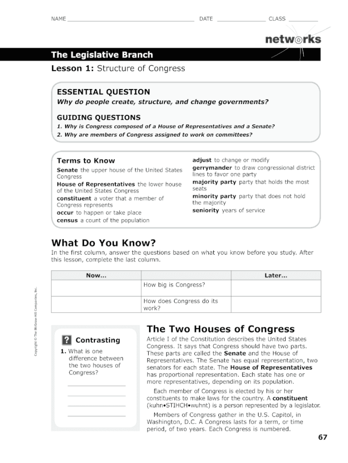 The Legislative Branch Two Chambers of Congress Worksheet for Sixth Grade Civics Sixth grade civics worksheet exploring the structure and functions of the two chambers of the U.S. Congress