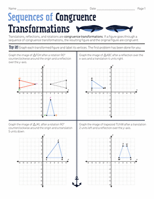 Sequences of Congruence Transformations Practice Worksheet 11 Eighth grade geometry worksheet featuring various geometric figures undergoing sequences of congruence transformations