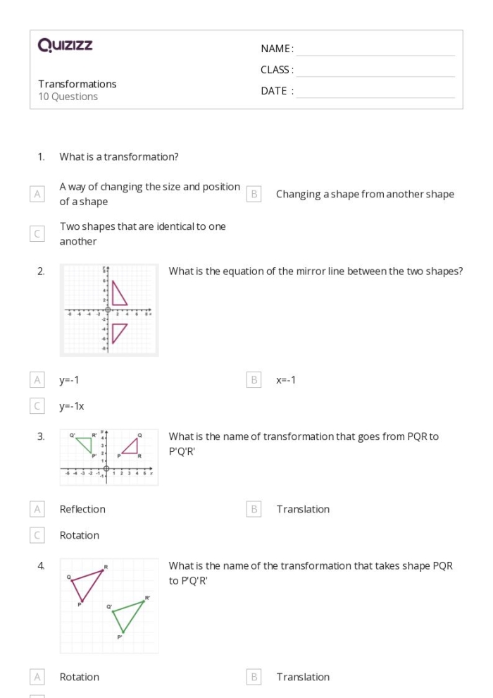 Practice problems for sequences of congruence transformations with geometric shapes Eighth grade geometry worksheet showing figures being transformed through multiple congruence transformations like rotations reflections and translations
