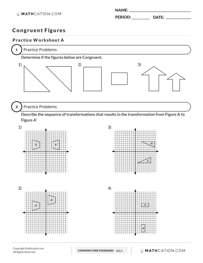 Sequences of Congruence Transformations Practice Worksheet Four Eighth grade geometry worksheet featuring various geometric shapes being moved through a sequence of congruence transformations