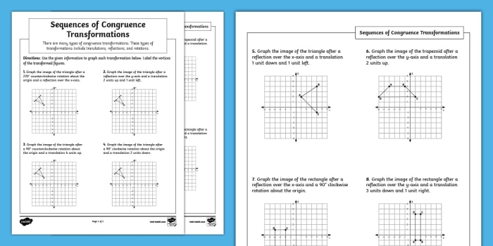 Sequences of Congruence Transformations Practice Problem Set 20 Eighth grade geometry worksheet showing congruence transformations with multiple figures undergoing rotation reflection and translation sequences