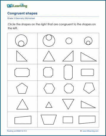 Shape Basics worksheet example showing congruent geometric figures for elementary students Two identical triangles and squares arranged side by side for second graders to compare and identify matching shapes