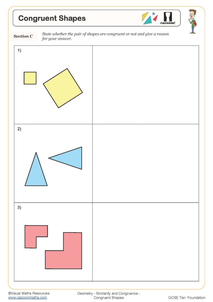 Shape Basics: Congruent Shapes Learning Exercise for Elementary Students Second grade students comparing and identifying matching congruent shapes on a worksheet activity