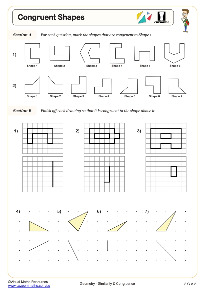Shape Basics Congruent Shapes Worksheet Exercise 11 for Elementary Math Practice Two colorful geometric shapes displayed side by side showing matching congruent pairs for second grade students to identify