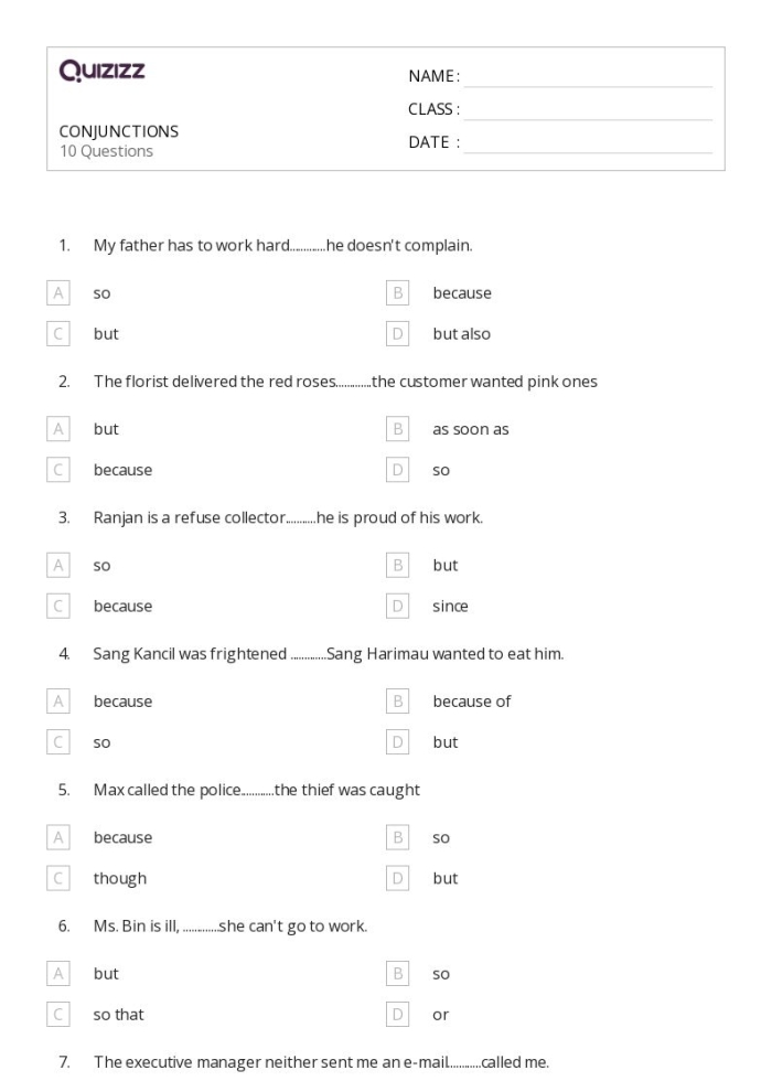 Engaging worksheet featuring conjunctions for young learners to practice sentence building Conjunction examples worksheet for kindergarten students with sentence completion activities