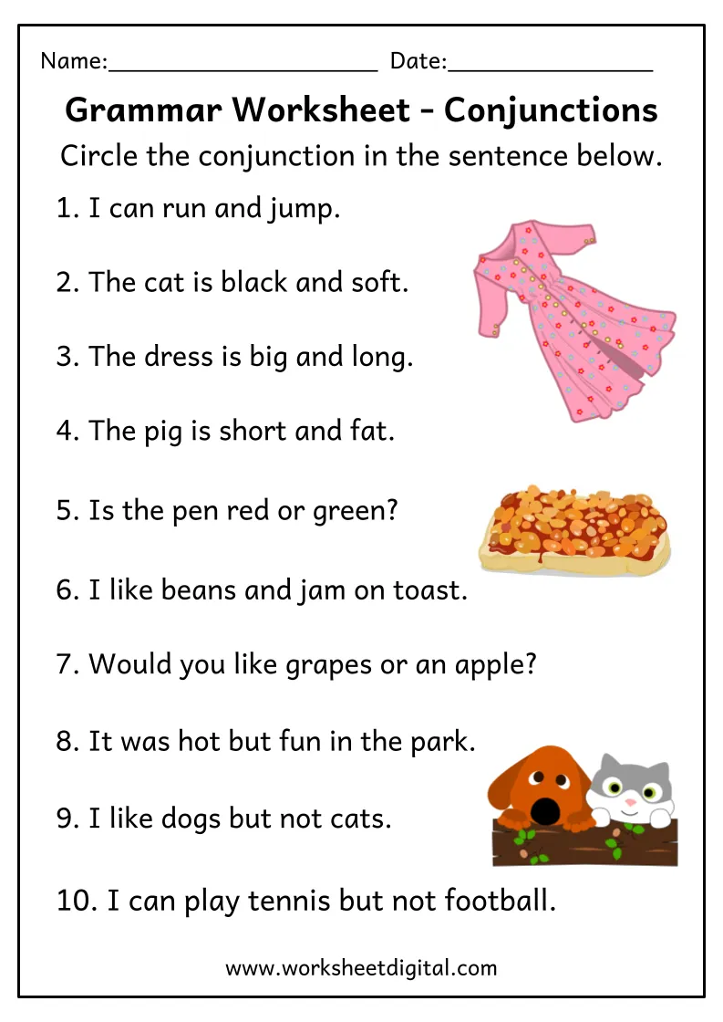Writing worksheet for Kindergarten Worksheet featuring conjunction examples for kindergarten students to complete sentences using a word bank. Educational resource for teaching conjunctions to young learners.