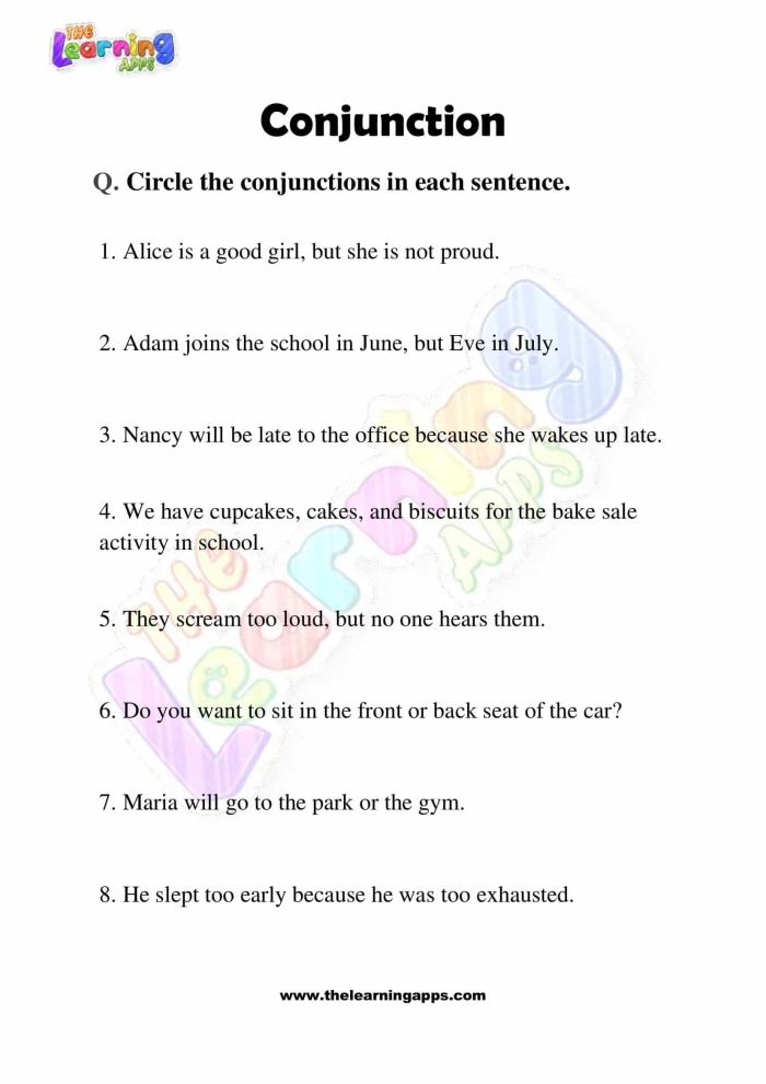 Writing worksheet for Kindergarten Worksheet featuring conjunction examples for kids, designed for kindergarten students to complete sentences using a conjunction word bank. Conjunction Examples for Kids Worksheet - Grade Kindergarten, Image 22.