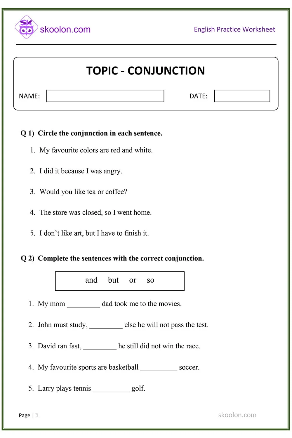 Writing worksheet for Kindergarten Worksheet featuring conjunction examples for kids with fill-in-the-blank sentences. Conjunction Examples for Kids Worksheet for Kindergarten.