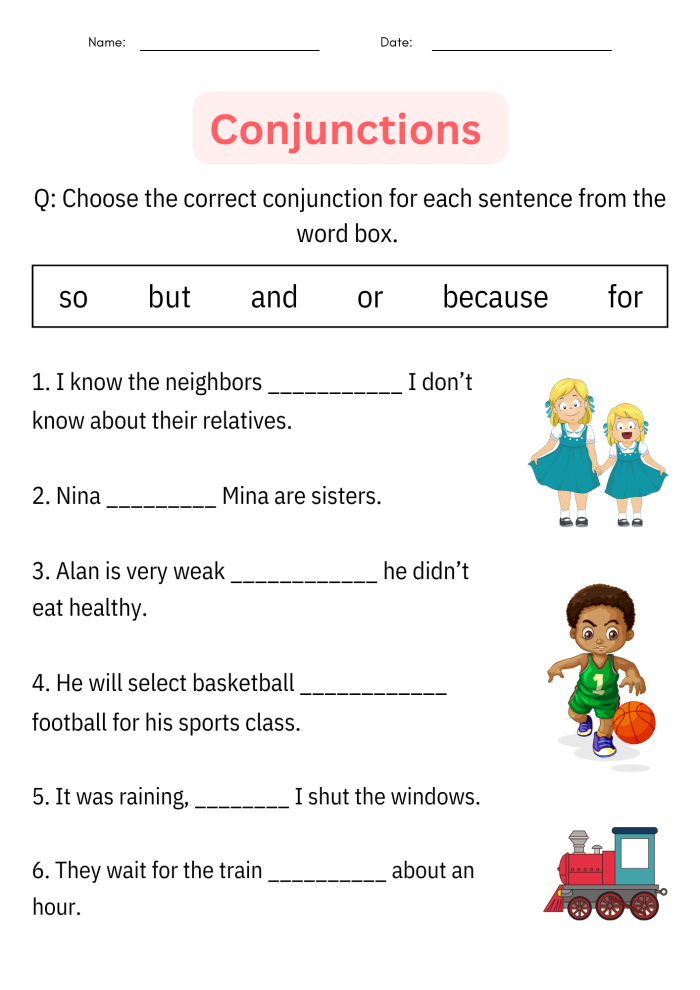 Interactive worksheet for kindergarten students on conjunctions with engaging exercises Conjunction Examples for Kids worksheet featuring sentences to complete with a word bank