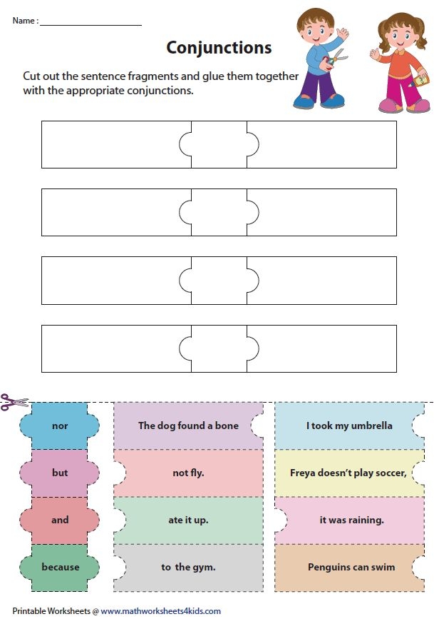 Writing worksheet for Kindergarten Worksheet featuring conjunction examples for kids, designed for kindergarten students to complete sentences. Educational resource showcasing a conjunctions word bank for young learners.