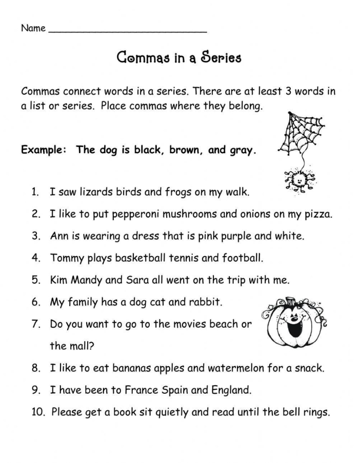 Third grade students practice joining sentences with commas and conjunctions in this grammar exercise worksheet
