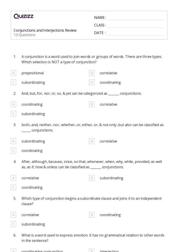 Fifth grade grammar worksheet focusing on conjunctions with engaging review activities