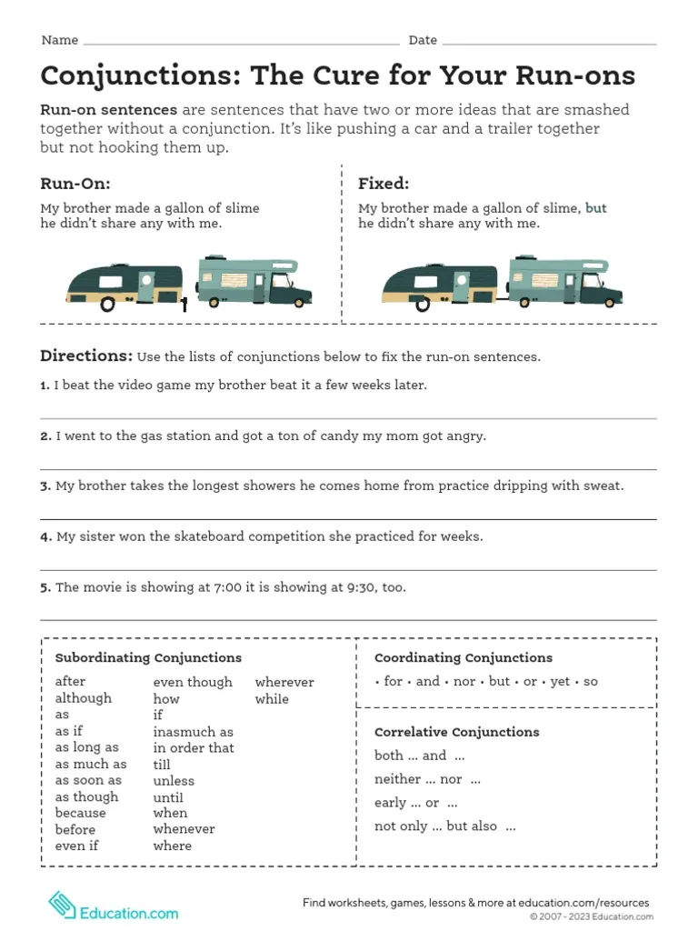 Conjunctions: The Cure for Your Run-ons Worksheet Image Worksheet featuring conjunction exercises to correct run-on sentences for fourth graders