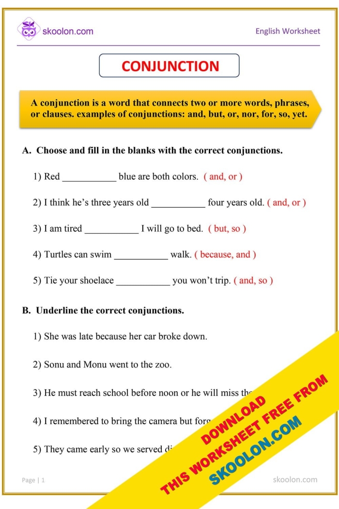 Fifth grade grammar worksheet focused on learning and practicing conjunctions