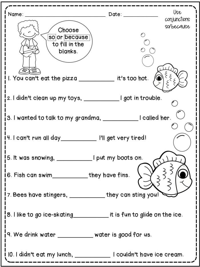 Fifth grade student completing a grammar review worksheet on conjunctions for lesson twenty