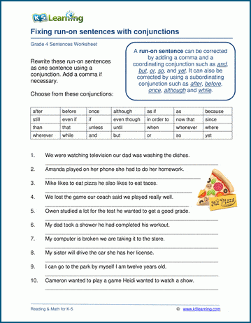 Conjunctions Worksheet Improving Run-on Sentences for Fourth Graders A fourth grade student uses a pen to connect two short sentences into one smooth thought on a grammar worksheet.
