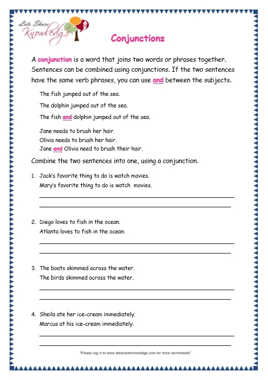 Educational worksheet for kindergarteners on conjunctions with fill-in-the-blank activities Worksheet featuring conjunction examples for kids to complete sentences using a word bank