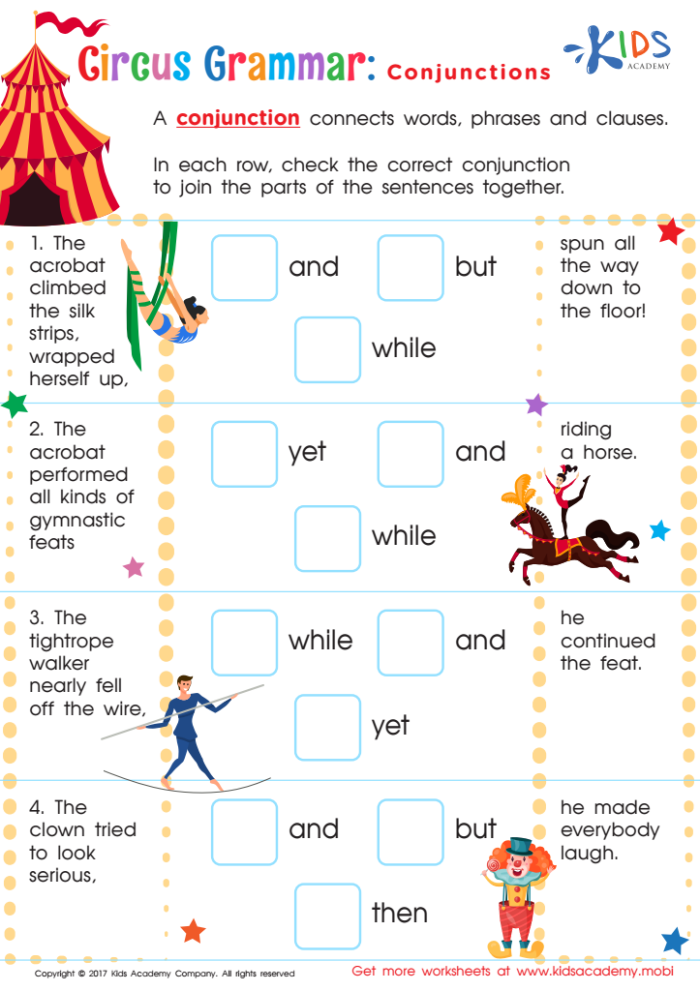 Educational worksheet for kindergarten focusing on conjunctions and sentence completion Conjunction Examples for Kids worksheet featuring sentences to complete with a conjunctions word bank