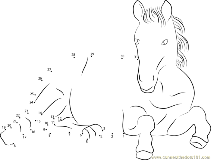 Horse dot to dot worksheet image 16 revealing what the animal is doing through numbered sequence First grade connect the dots horse activity numbered 1 to 37 for counting practice and picture completion