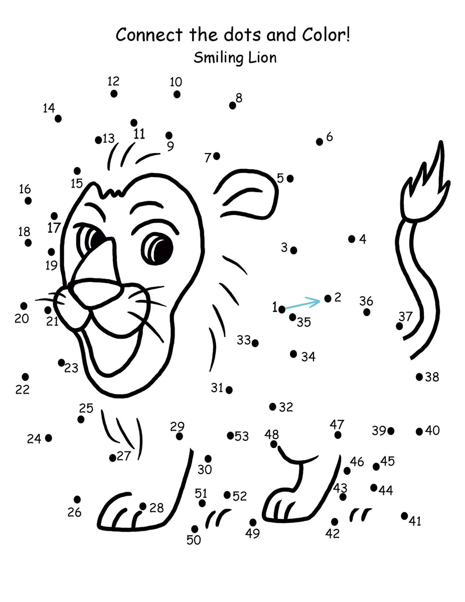 Connect the dots from 1 to 50 to reveal a smiling lion face in this first grade math worksheet