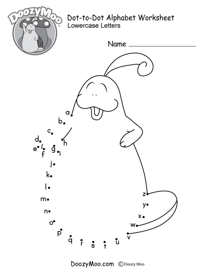Alphabet connect-the-dots practice sheet for tracing lowercase letter formation Connect the Dots Lowercase Letters worksheet activity for Pre-K students learning alphabet basics