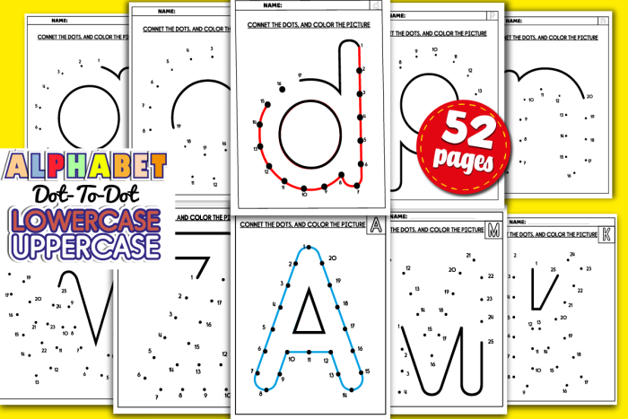 Lowercase Letter Dot-to-Dot Practice Sheet 10 Connect the Dots: Lowercase Letters worksheet activity for Pre-K students to practice alphabet recognition and fine motor skills