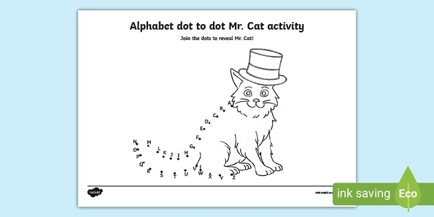 Connect the dots from A to Z to reveal Mr. Cat on this kindergarten alphabet worksheet