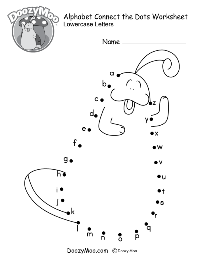 Pre-K Connect-the-Dots Alphabet worksheet featuring a dinosaur design for lowercase letter practice