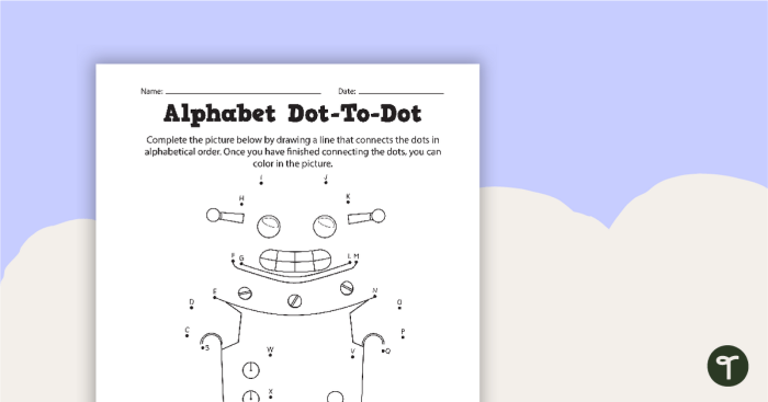 Colorful Connect the Dots A-Z worksheet featuring Mr. Cat for kindergarten students