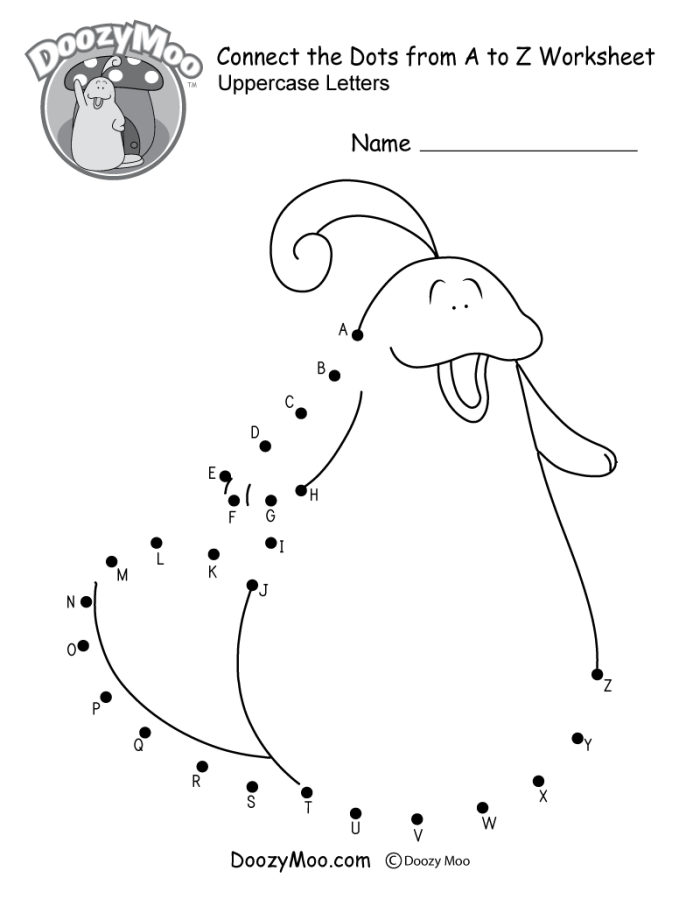 Connect-the-dots worksheet featuring a dinosaur and lowercase letters for preschoolers