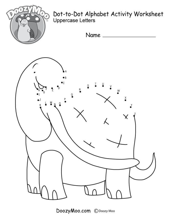 Connect-the-Dots worksheet featuring a dinosaur for practicing lowercase alphabet letters and fine motor skills. Fun connect-the-dots dinosaur activity for Pre-K kids to enhance letter recognition and motor skills.