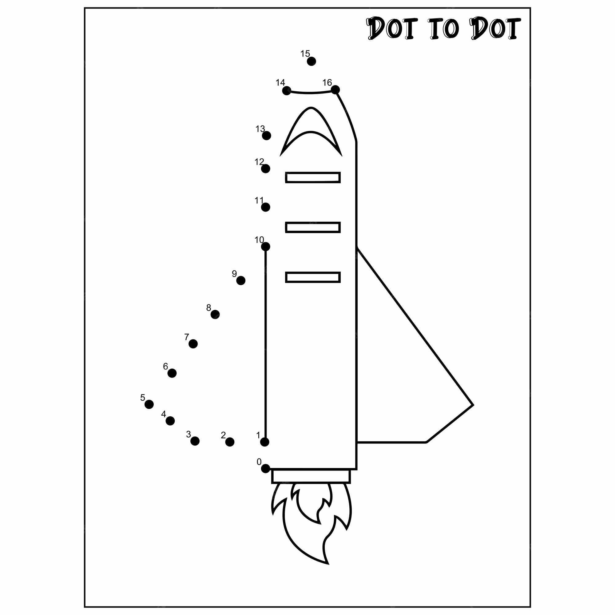 A connect-the-dots worksheet featuring a rocket ship for kindergarten counting practice. Fun dot-to-dot activity helping kids learn numbers while creating a colorful rocket.
