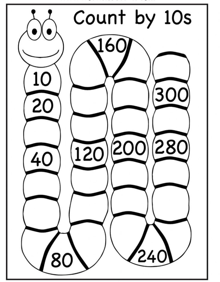 Children's worksheet featuring a connect the dots activity for skip counting by tens