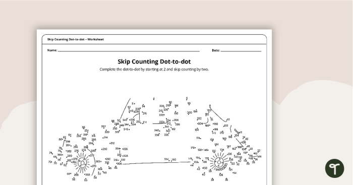 Grammar and Mechanics worksheet for Second Grade Children engage in skip counting by fives to connect dots and reveal a fun hidden image. Connect the Dots: Skip Counting by Fives Worksheet for Second Grade.