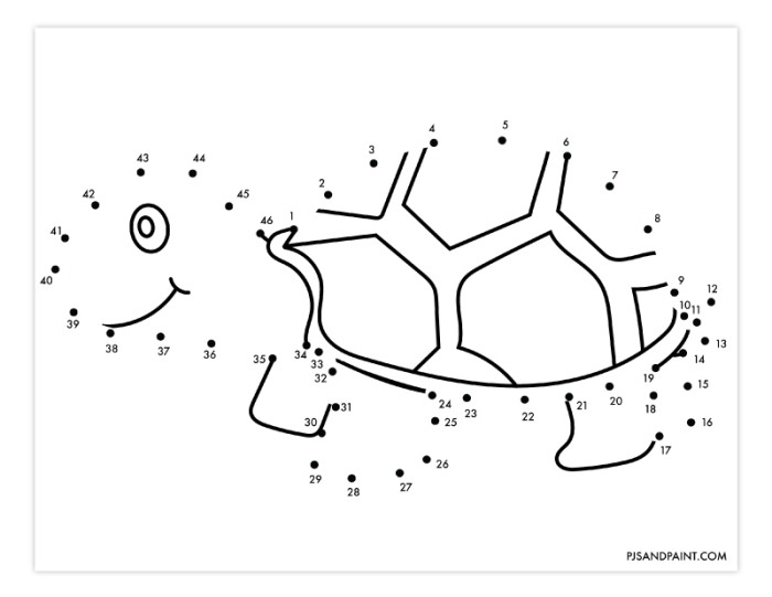 Toothy T-Rex connect the dots worksheet for kindergarten students, featuring numbers 1-45