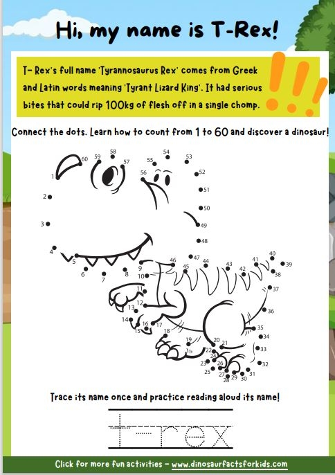 Connect the Dots worksheet featuring a toothy T-Rex for kindergarten students to practice counting from 1 to 45
