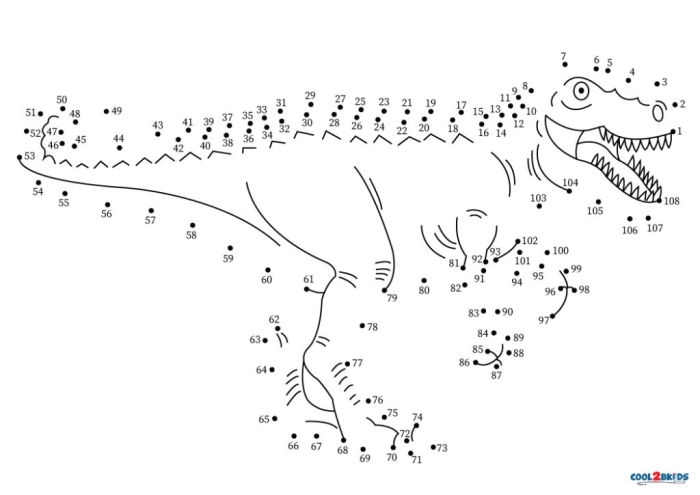 Toothy T-Rex connect the dots worksheet for kindergarten students practicing counting from 1 to 45