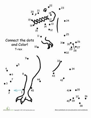Toothy T-Rex connect the dots worksheet for kindergarten students practicing counting from 1 to 45
